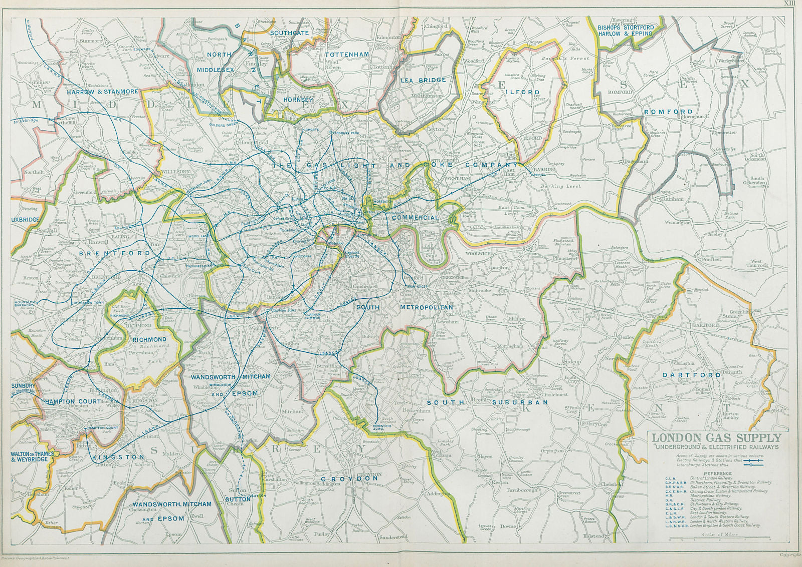 LONDON GAS SUPPLY areas + UNDERGROUND/Tube & electrified railways.BACON 1920 map